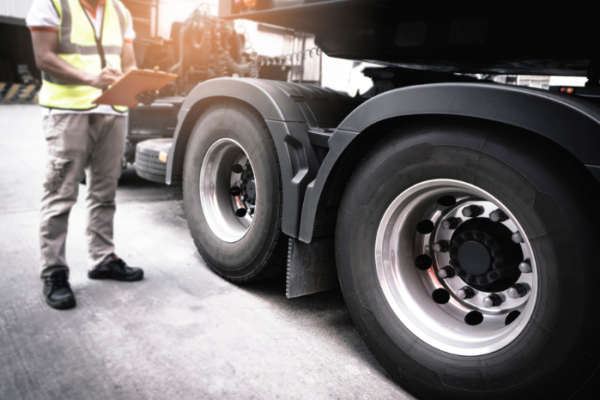 Auto Mechanic Holding Clipboard is Checking The Truck Wheels Tires. Mechanic Repairman Auto Service Shop. Inspection Maintenance and Safety Program of Semi Truck.