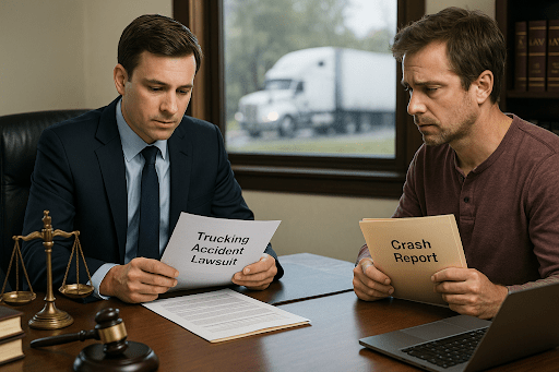 A trucking accident attorney and a client review legal documents labeled “Trucking Accident Lawsuit” and “Crash Report” in a law office setting.