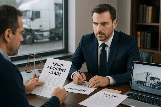 A commercial truck accident lawyer reviews a crash report and truck accident claim with a concerned client in a law office setting.