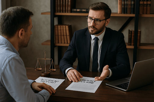 Injured client meeting with a commercial vehicle accident attorney in a law office