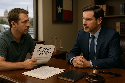 A Beaumont truck accident attorney meets with a concerned client holding a crash report in a Texas law office.