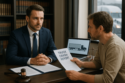 A commercial truck accident attorney consults with an injured client holding a truck crash report in a modern law office.