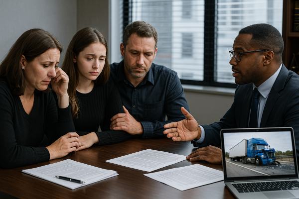 Family consulting a truck accident lawyer after a highway crash settlement.