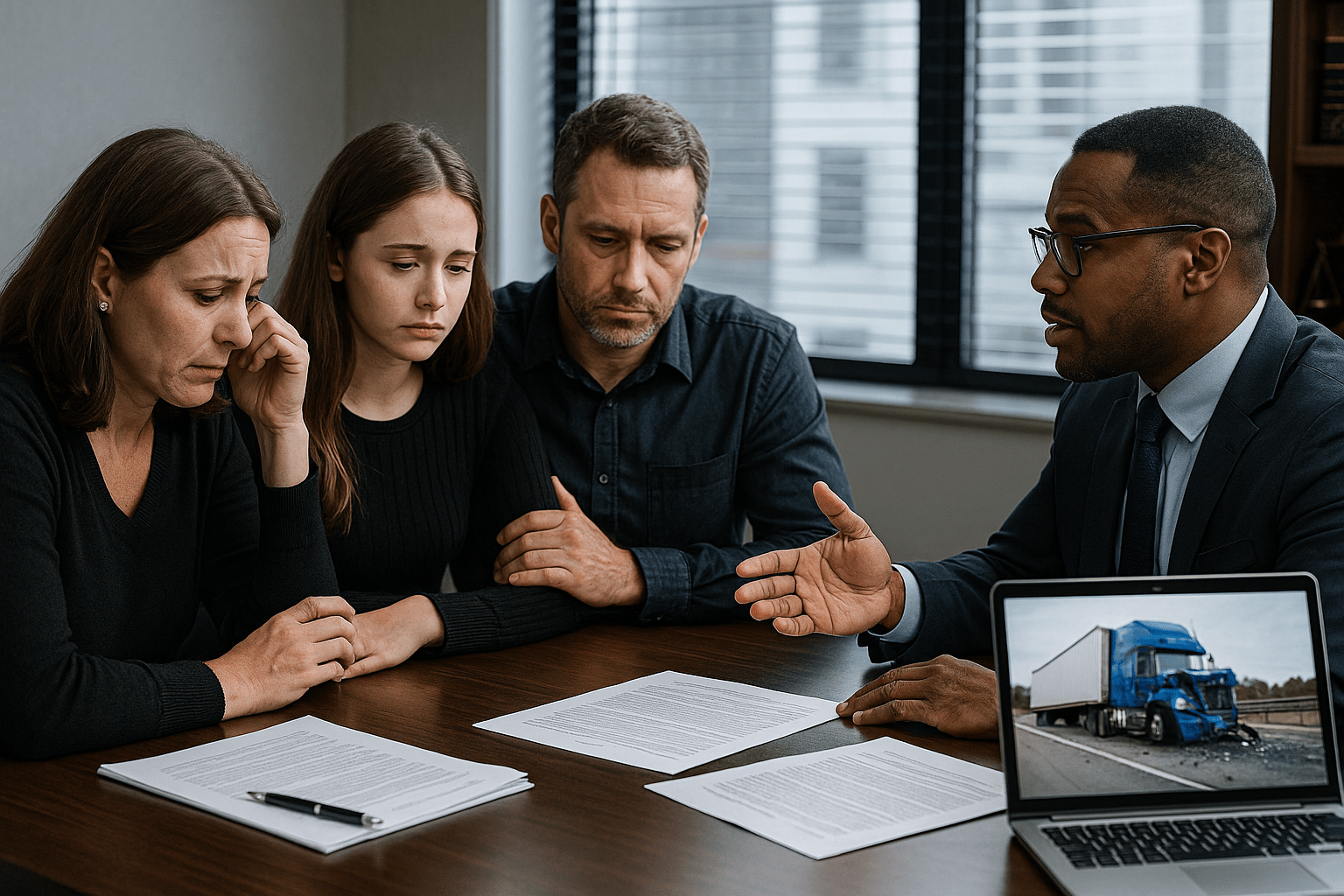 Family consulting a truck accident lawyer after a highway crash settlement.