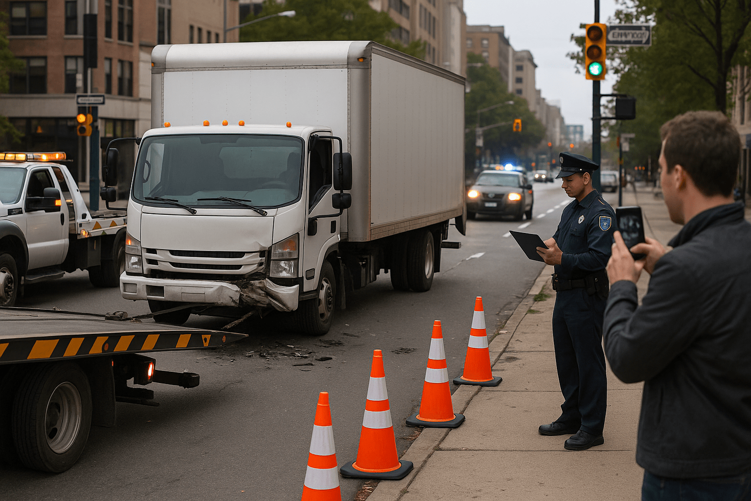 Damaged commercial delivery truck on city roadside after accident, with tow truck, police officer, and debris