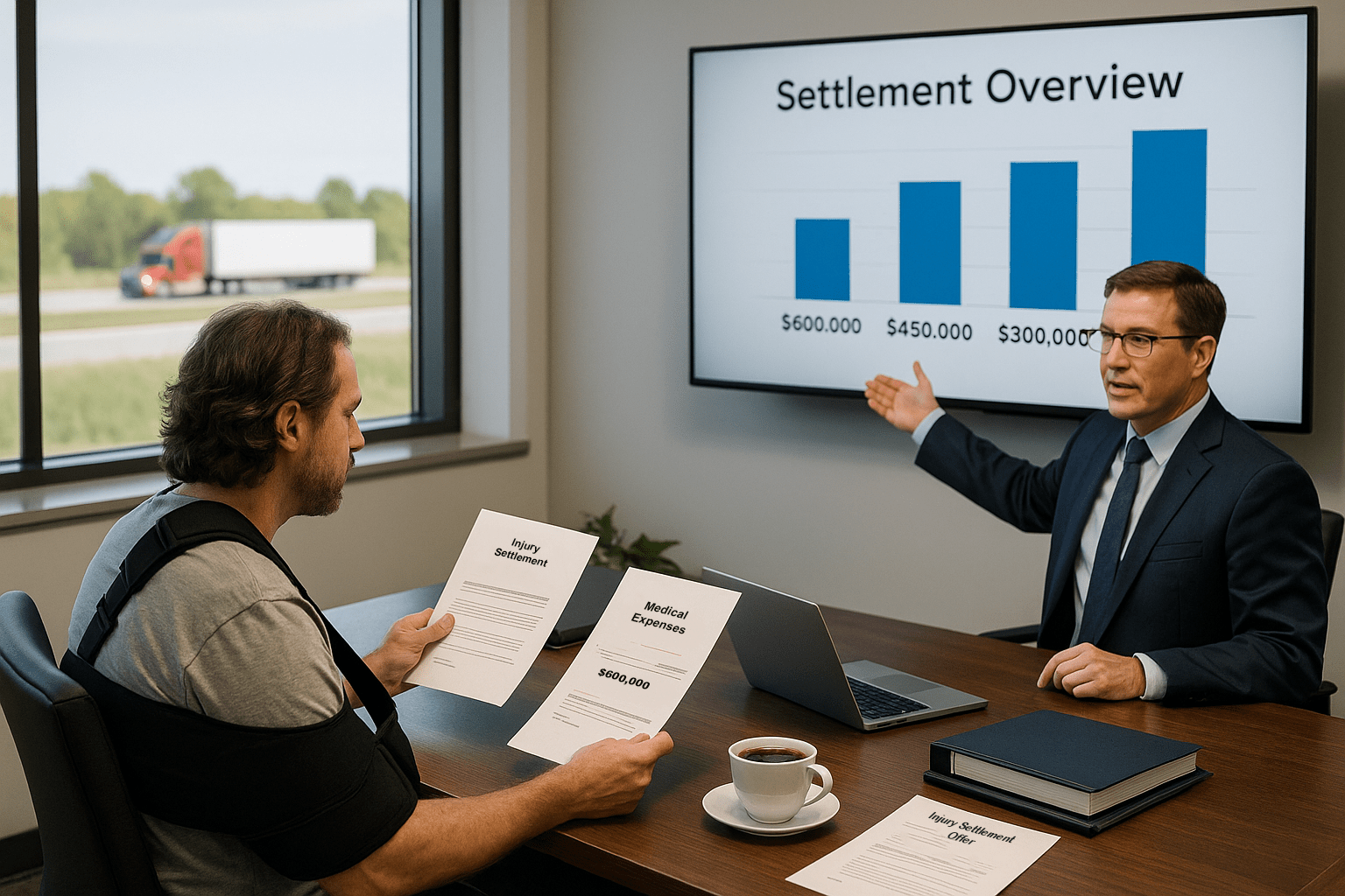 A truck accident attorney explains a settlement overview to an injured client in a modern law office conference room.