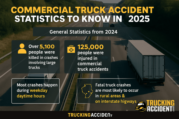 Infographic showing commercial truck accident statistics in the U.S. for 2025, including fatality data, causes of crashes, and high-risk driving conditions.