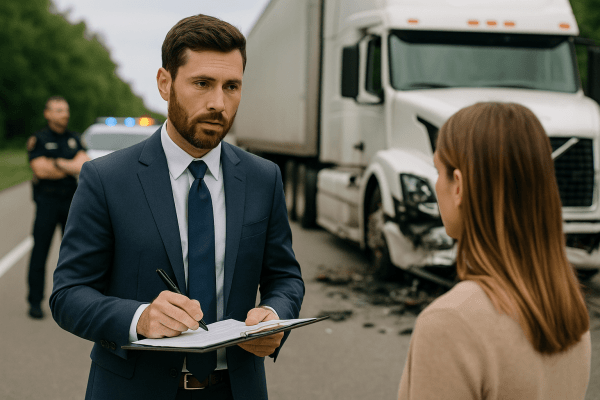 A trucking accident lawyer meets with a client outside a courthouse to discuss a commercial truck crash case