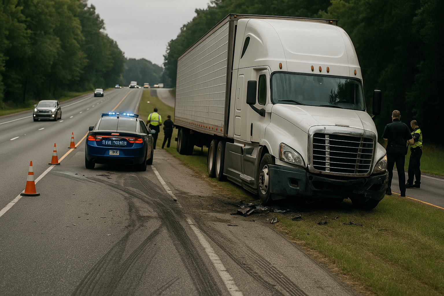 Scene of a commercial truck accident on a Georgia highway with police presence and emergency response vehicles