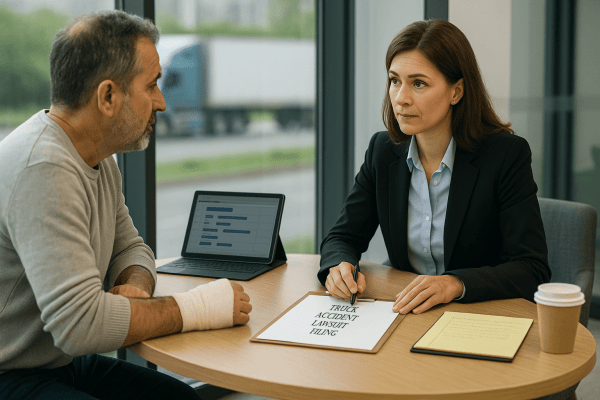 A truck accident attorney meets with an injured client to discuss a commercial truck accident lawsuit in a professional consultation room.