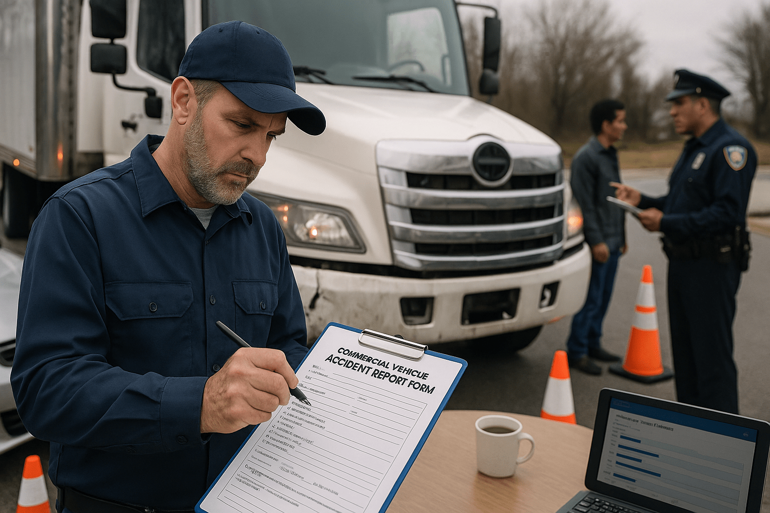 A commercial truck driver fills out a commercial vehicle accident report form after a collision, with a police officer and damaged vehicles nearby.