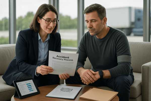 A commercial vehicle accident attorney discusses a recovery plan with an injured client in a professional, light-filled office.