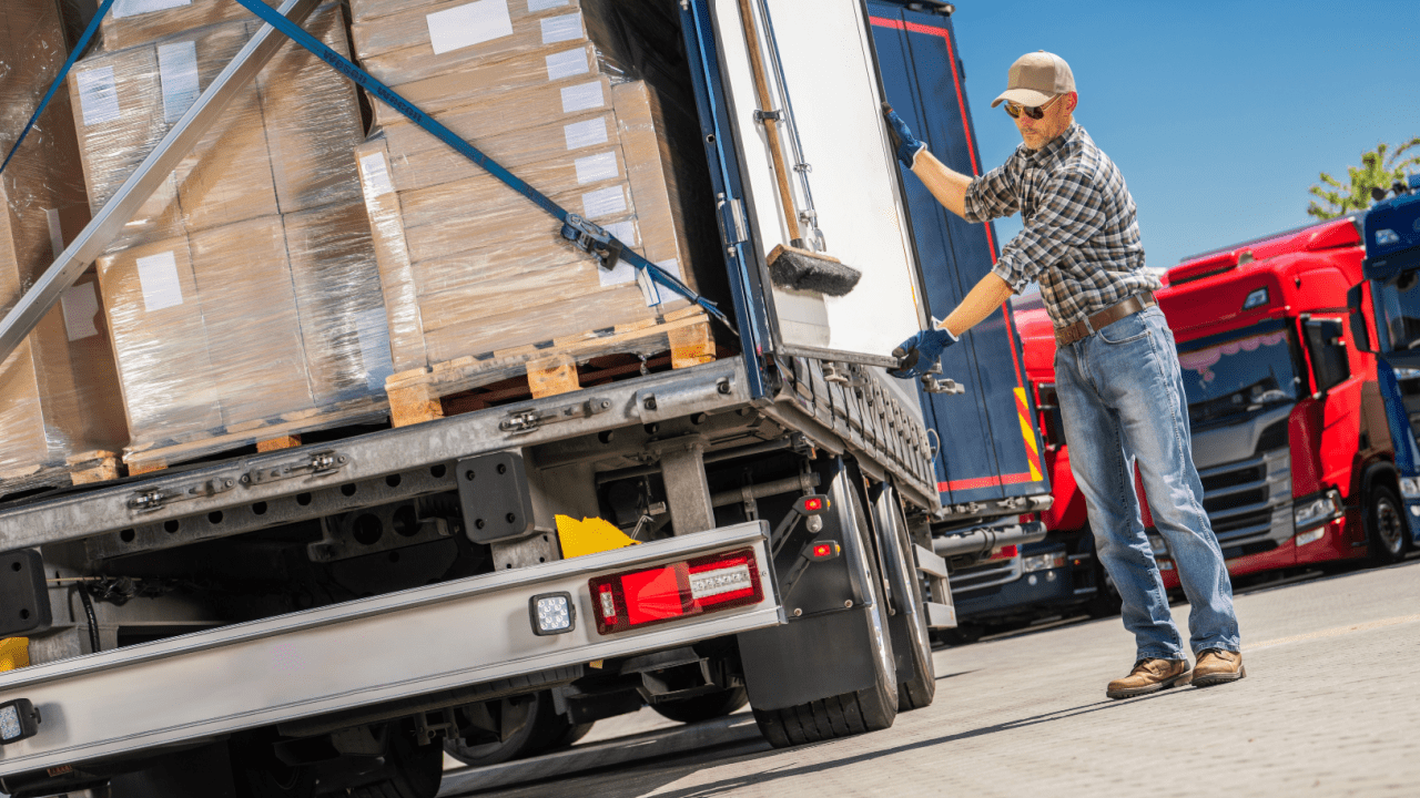 Truck driver in plaid shirt and cap operating lifting equipment to load palletized cargo onto flatbed trailer with red semi-truck in background