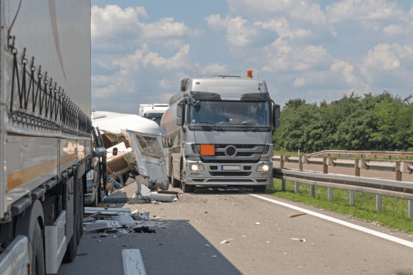 Multi-vehicle traffic accident on highway with damaged truck, RV, and debris scattered across roadway