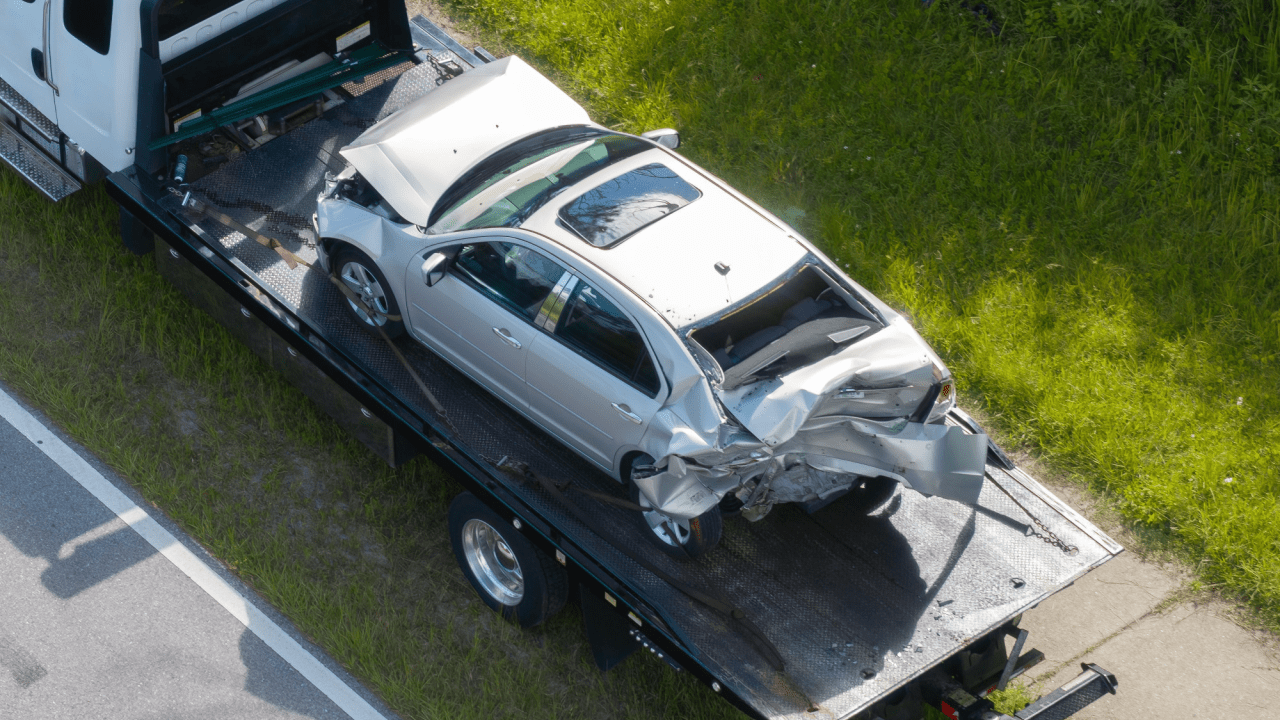 Damaged car on tow truck after accident showing how to sue someone for vehicle damage evidence