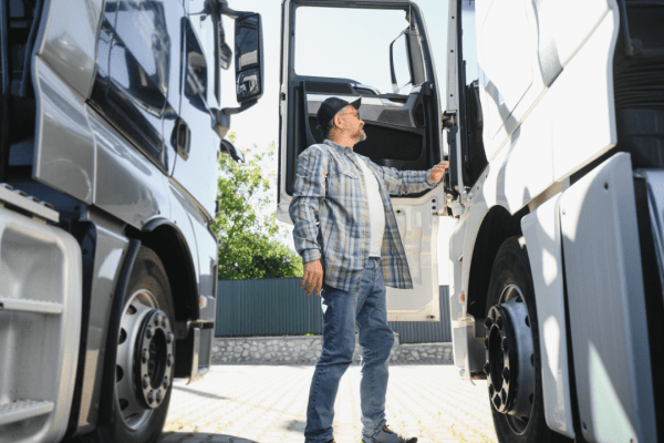 Truck driver stepping out of commercial vehicle after shift wondering can you drive 14 hours in one day under federal HOS rules