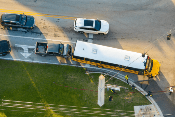 Aerial view of school bus at intersection with utility workers demonstrating what is the DOT rule 49 CFR for commercial vehicle operations and road safety compliance