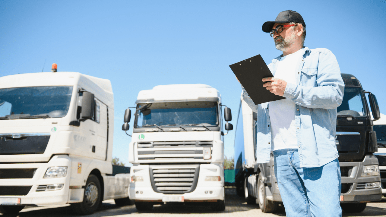 DOT inspector reviewing truck driver logs to check what happens if you go over your 14 hour clock with commercial vehicles in background