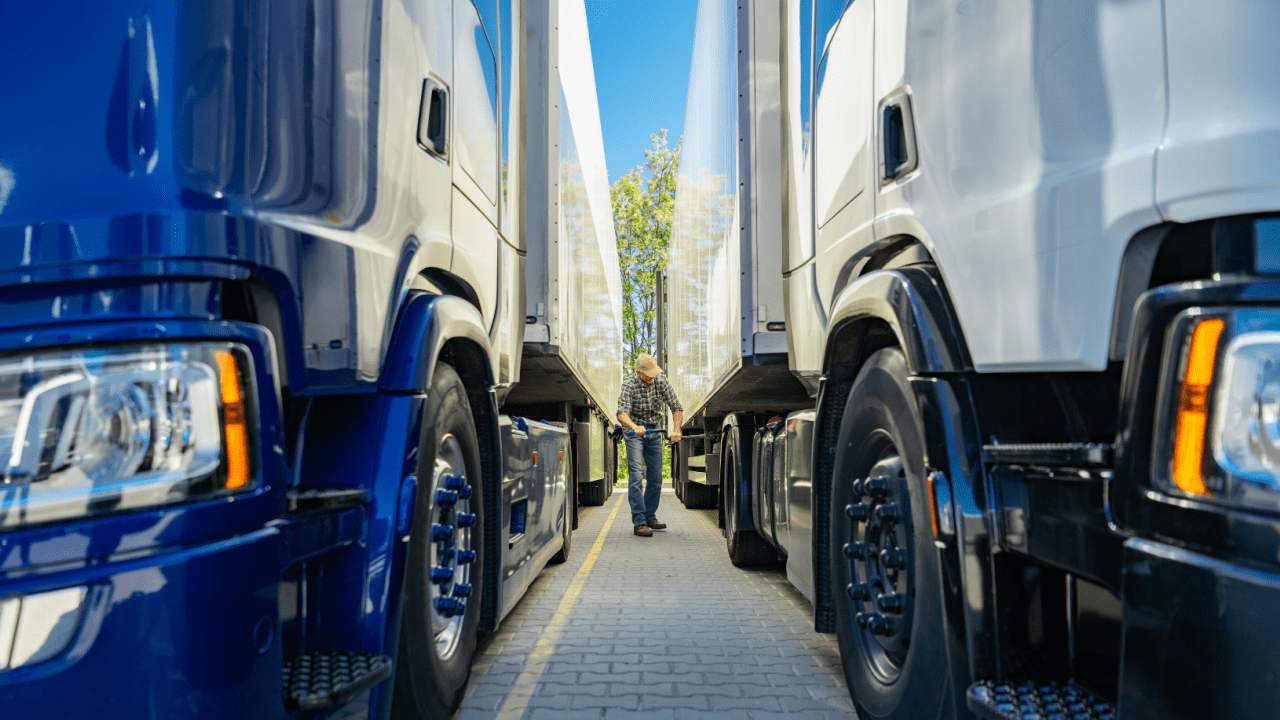 Commercial trucks undergoing evaluation for what will fail a DOT inspection with inspector examining vehicle safety compliance