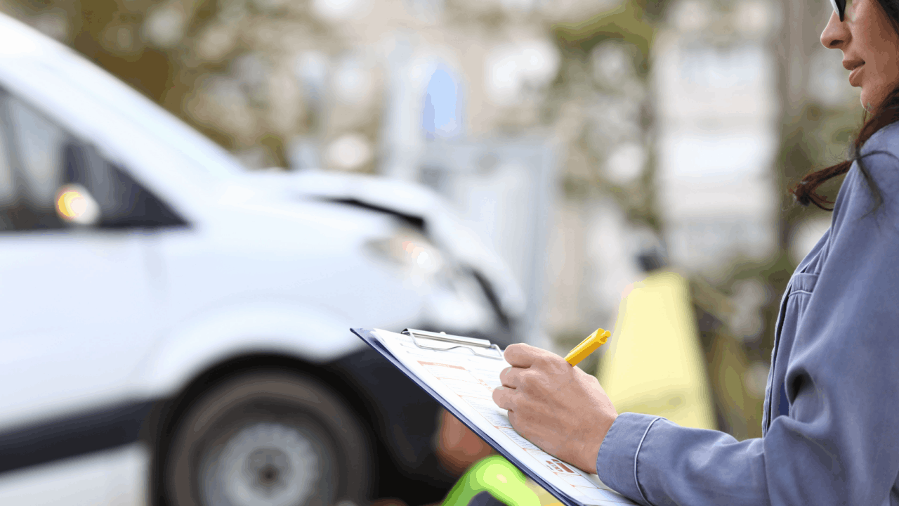 Woman documenting average truck accident settlement amounts information at the collision scene with a clipboard