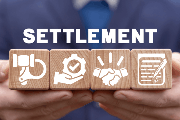 Comparing truck accident settlements through four-step process shown on wooden blocks with time, evaluation, agreement, and contract icons