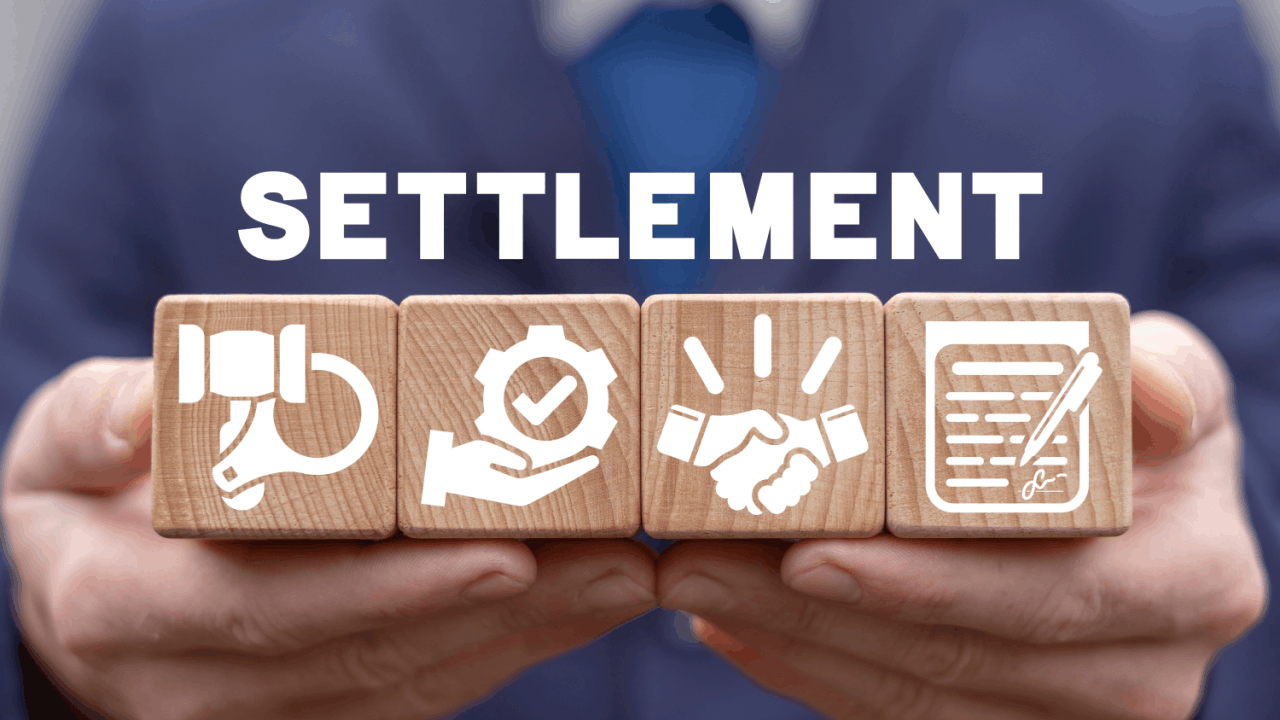 Comparing truck accident settlements through four-step process shown on wooden blocks with time, evaluation, agreement, and contract icons