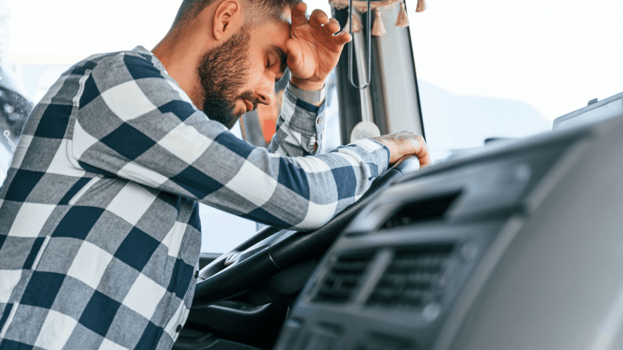 Emotional damages in truck accident settlements shown through stressed man experiencing trauma after accident