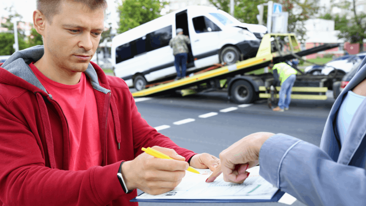 Truck accident victim documenting factors that increase a truck accident settlement with an insurance representative at the collision scene with damaged vehicles