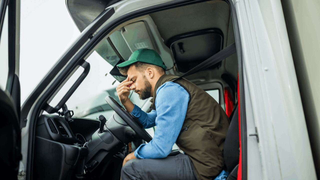 Stressed truck driver experiencing anxiety after accident sitting in commercial vehicle cab Stressed truck driver experiencing anxiety after accident sitting in commercial vehicle cab