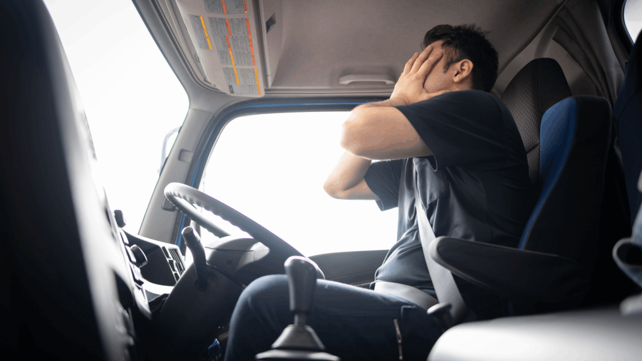 How to document emotional trauma for a truck accident claim showing distressed driver experiencing psychological symptoms in commercial vehicle