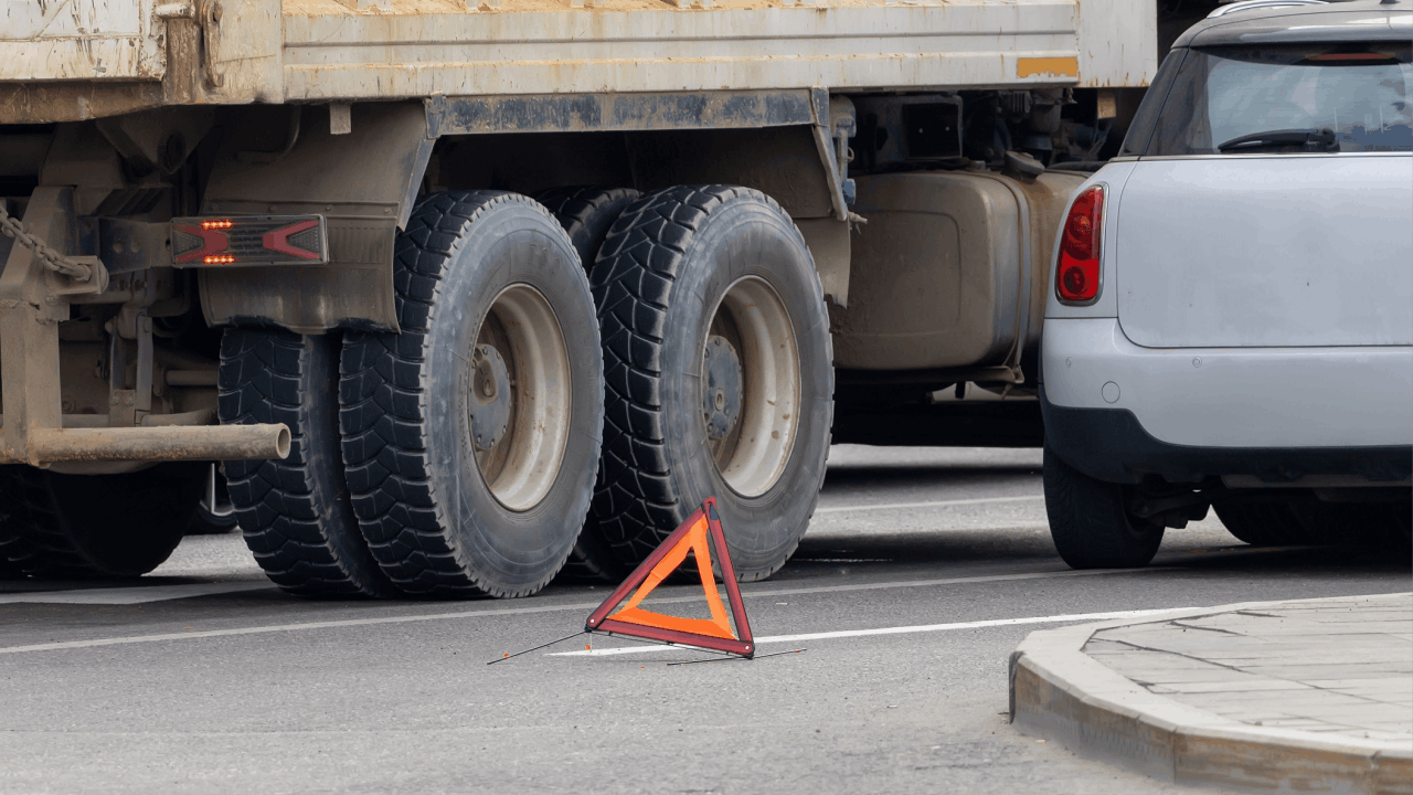 Truck accident scene with emergency warning triangle showing collision between commercial vehicle and passenger car requiring settlement negotiation timeline