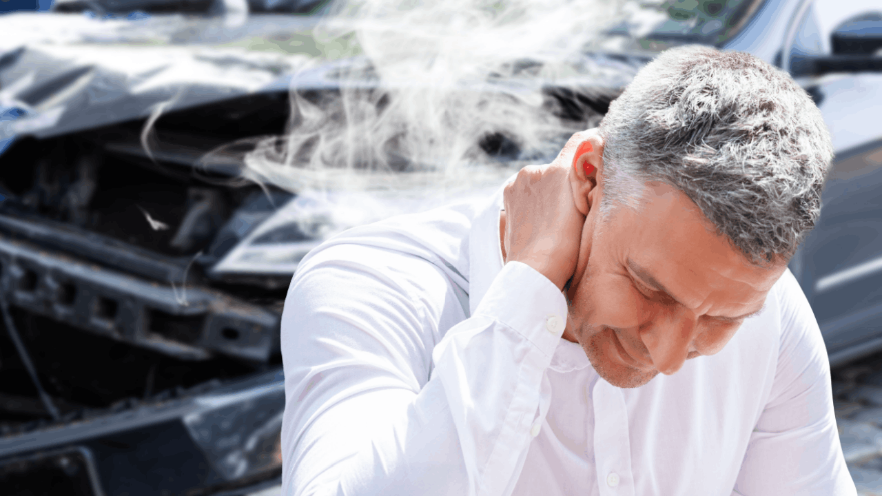 Pain and suffering payouts in truck accident cases represented by injured man with neck pain after collision