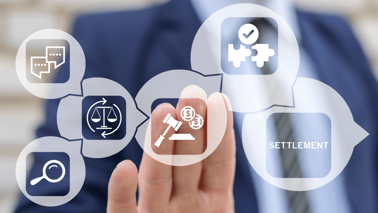 Signs of a good truck accident settlement shown through a legal process flowchart with negotiation, justice, investigation, and agreement icons