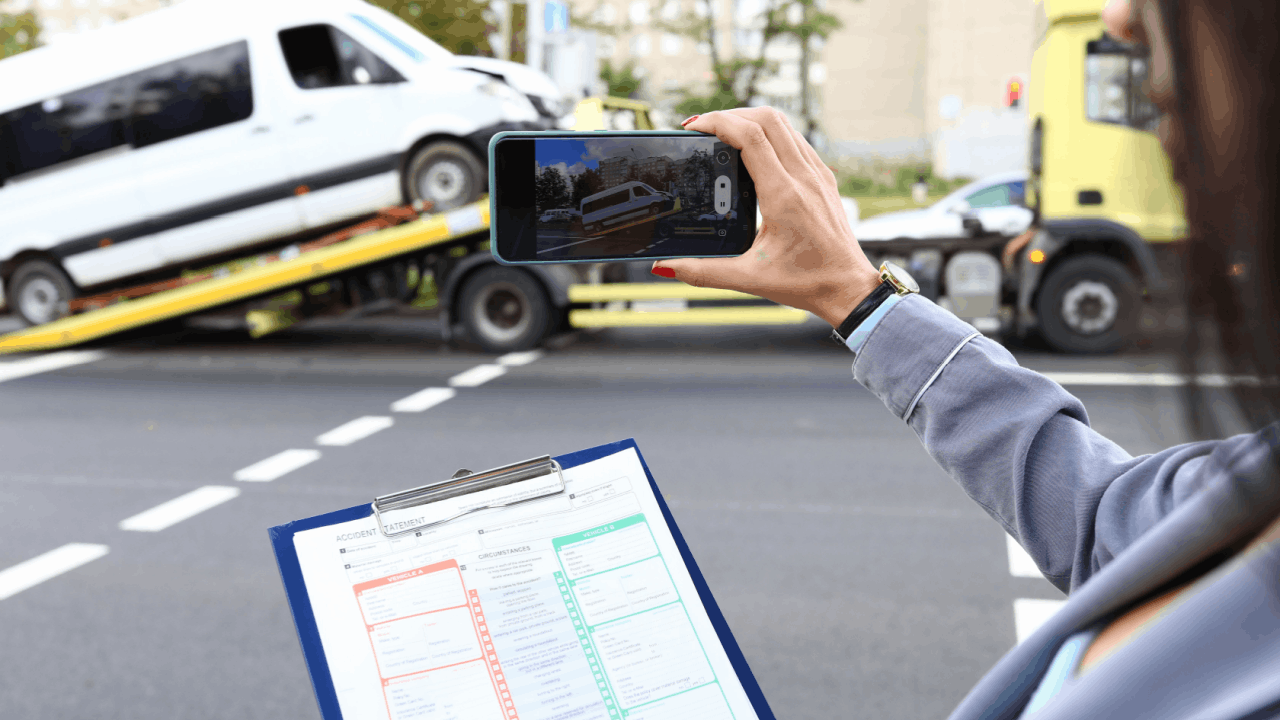 What makes a truck accident settlement higher or lower - Person documenting accident scene with smartphone and insurance claim form after commercial vehicle collision