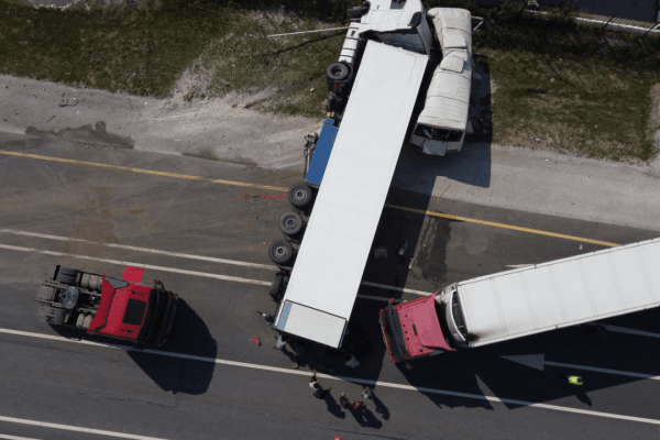Aerial view showing are fault and liability the same in truck accidents scene with overturned semi-truck and multiple vehicles on highway