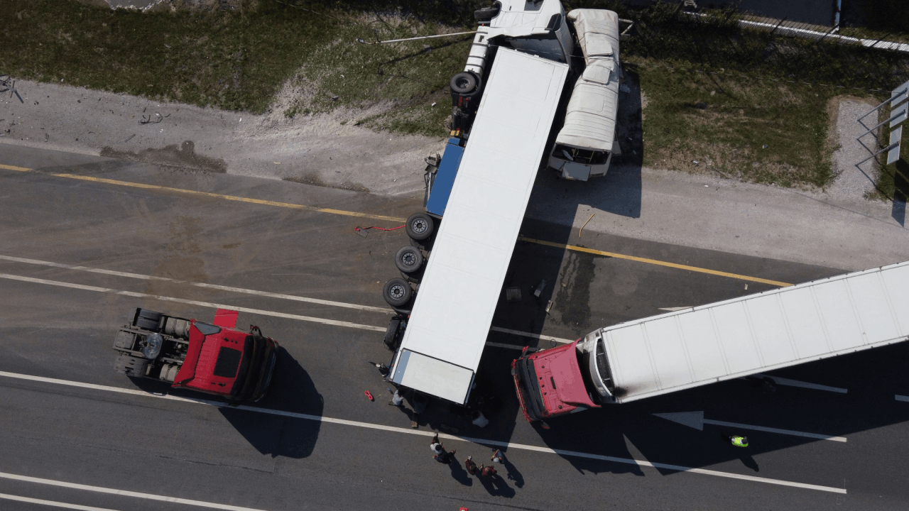 Aerial view showing are fault and liability the same in truck accidents scene with overturned semi-truck and multiple vehicles on highway