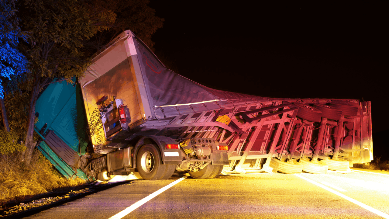 Overturned commercial truck accident scene at night showing does liability mean responsibility in a truck accident