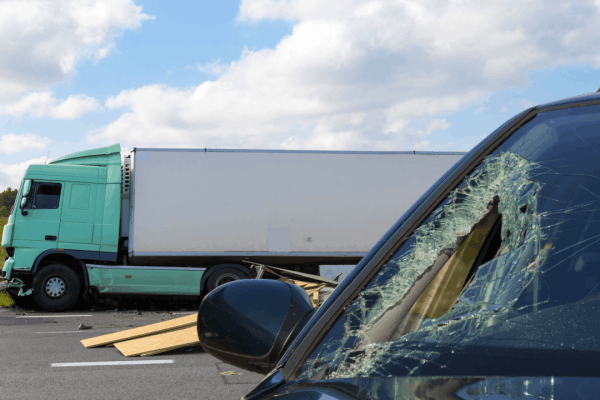 Trucking accident scene showing how trucking accident liability is evaluated through collision damage evidence between commercial truck and passenger vehicle