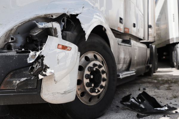 Damaged commercial truck after collision, showing who decides liability in a truck accident investigation evidence