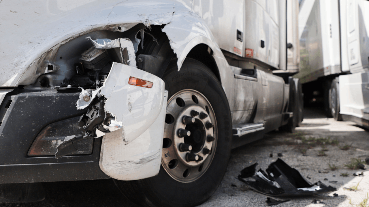 Damaged commercial truck after collision, showing who decides liability in a truck accident investigation evidence