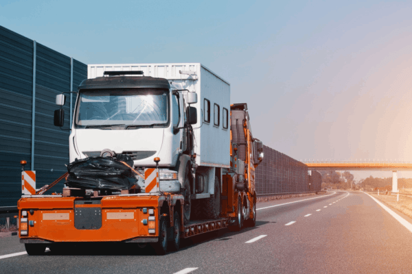 Commercial tow truck transporting damaged vehicle on highway illustrating does liability insurance apply if a truck driver is at fault claims