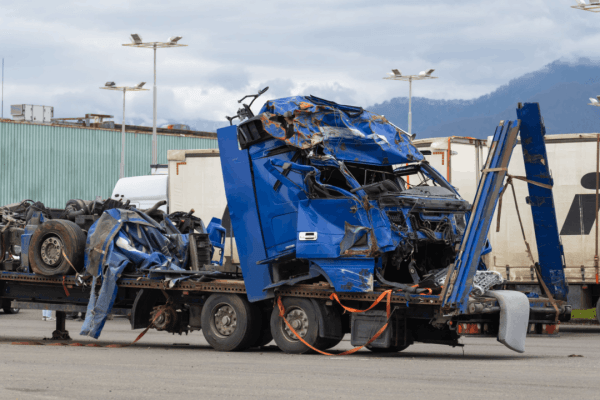Severely damaged blue truck cab demonstrating factors used to determine