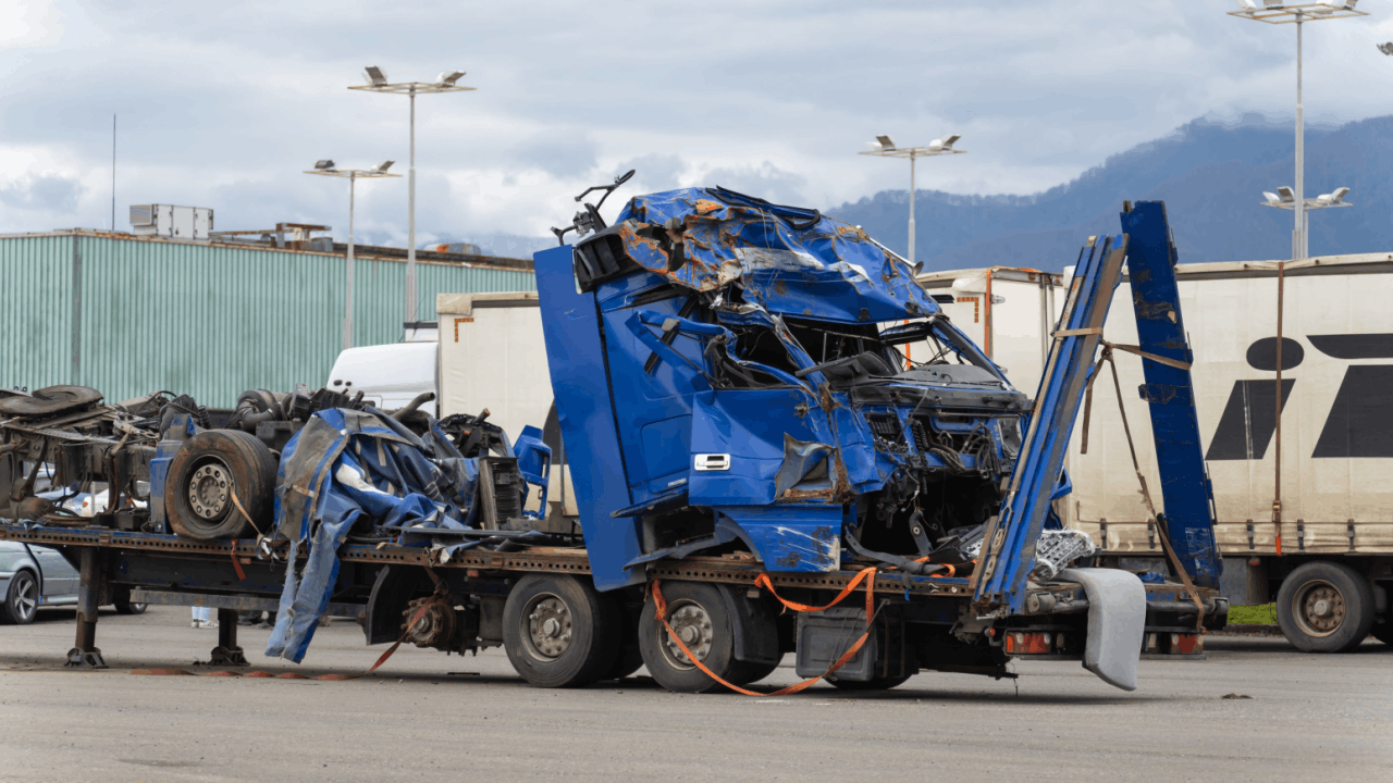 Severely damaged blue truck cab demonstrating factors used to determine
