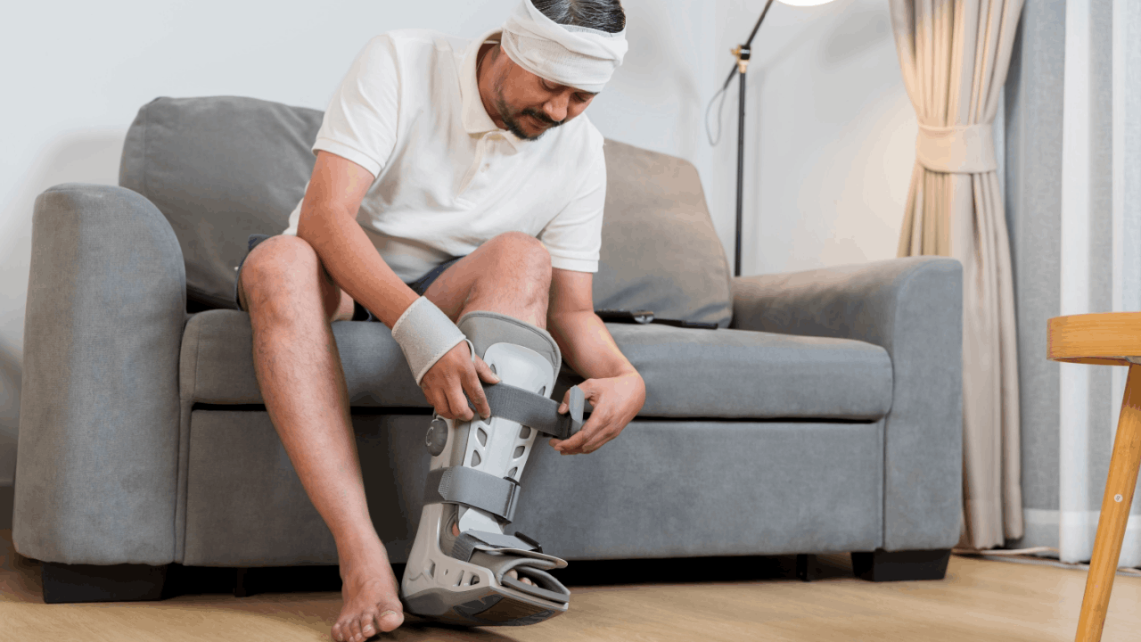 Injured man with head bandage and leg brace recovering at home from truck accident injuries