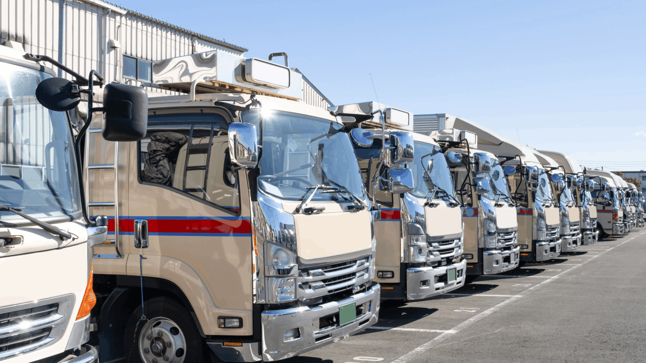 What does trucking liability insurance cover after an accident - commercial fleet vehicles with utility equipment at warehouse