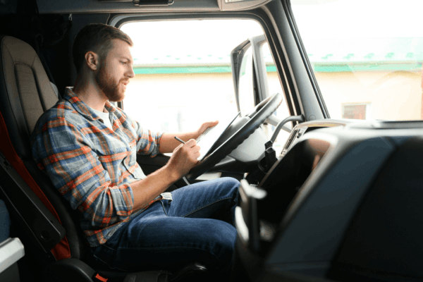 CDL driver at steering wheel before accident showing what happens if a CDL driver causes an accident