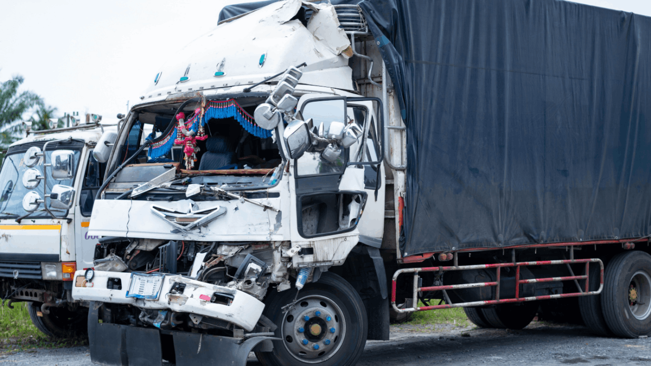 Severely damaged truck cab after collision showing what happens to a truck driver after an accident scene
