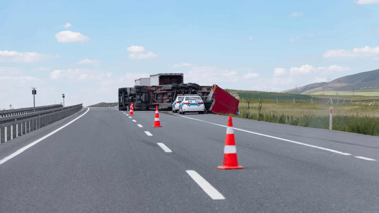 Overturned commercial truck on highway demonstrating why admitting fault matters in truck accident claims with emergency response vehicles and traffic cones