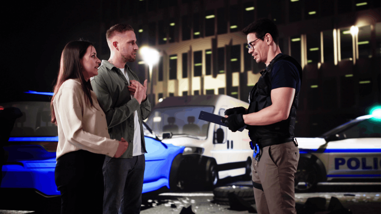 Couple speaking with a police officer at a truck accident scene at night