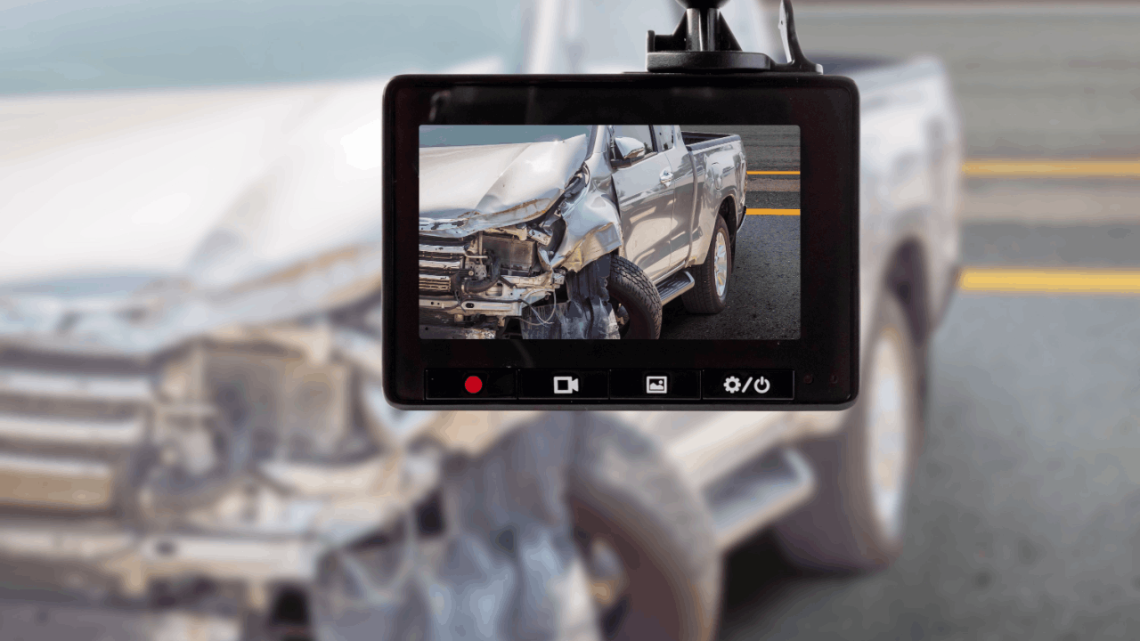 Dashcam footage in crashes showing damaged truck on road after collision